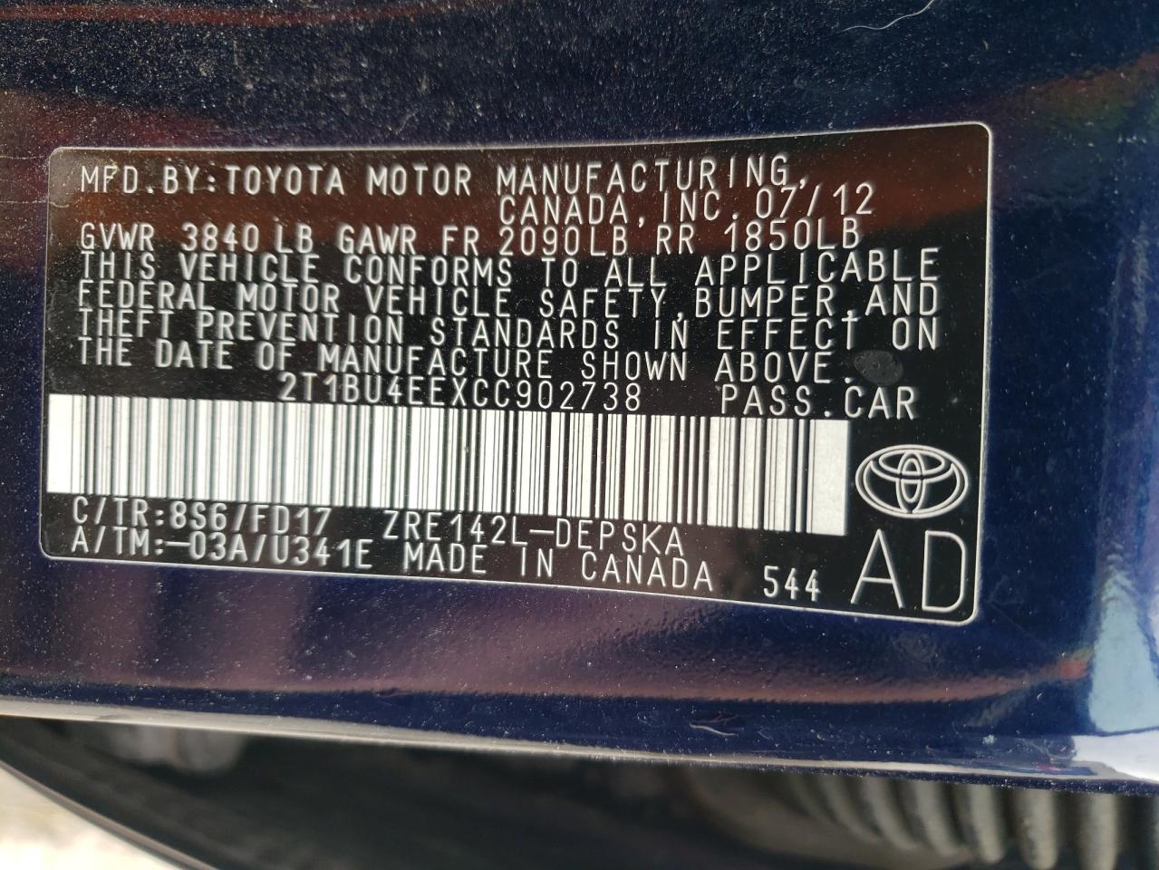 Photo 10 from auction – 2012 TOYOTA COROLLA BA with VIN 2T1BU4EEXCC902738