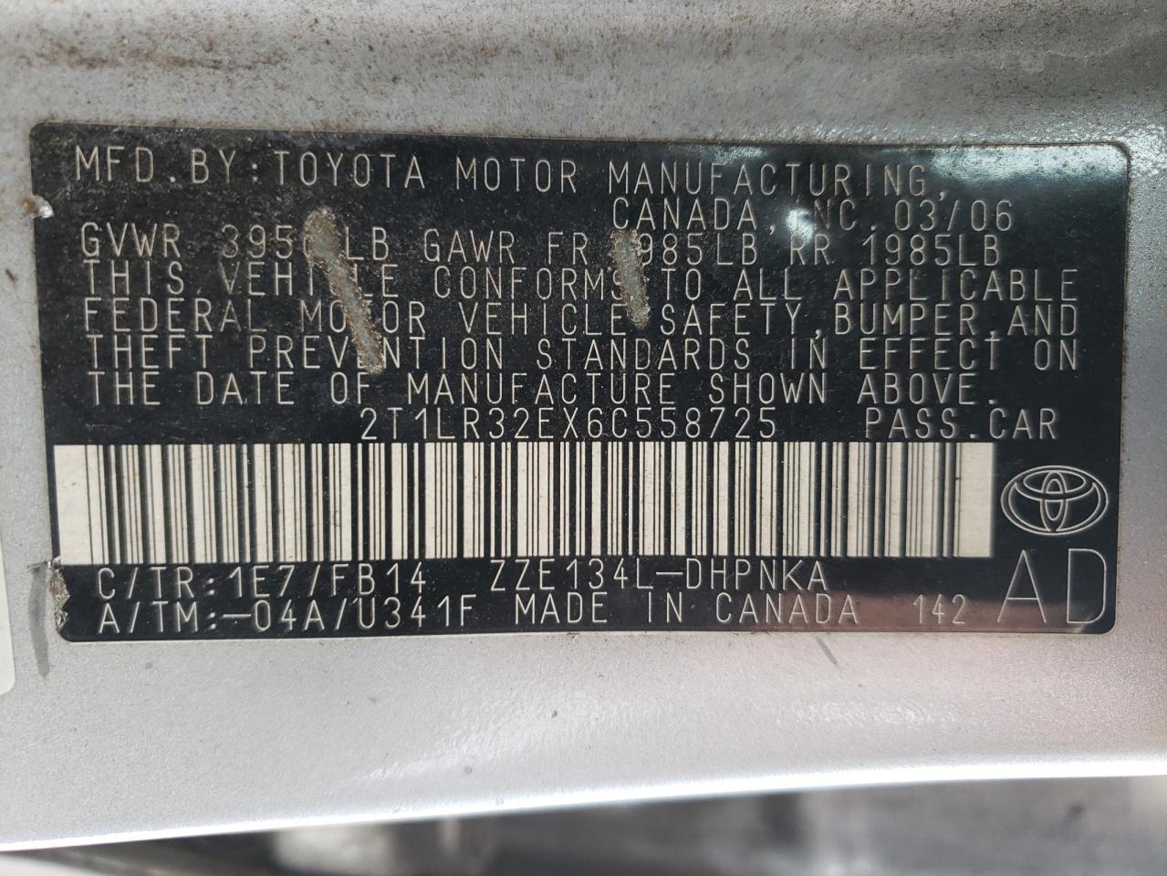 Photo 10 from auction – 2006 TOYOTA COROLLA MA with VIN 2T1LR32EX6C558725
