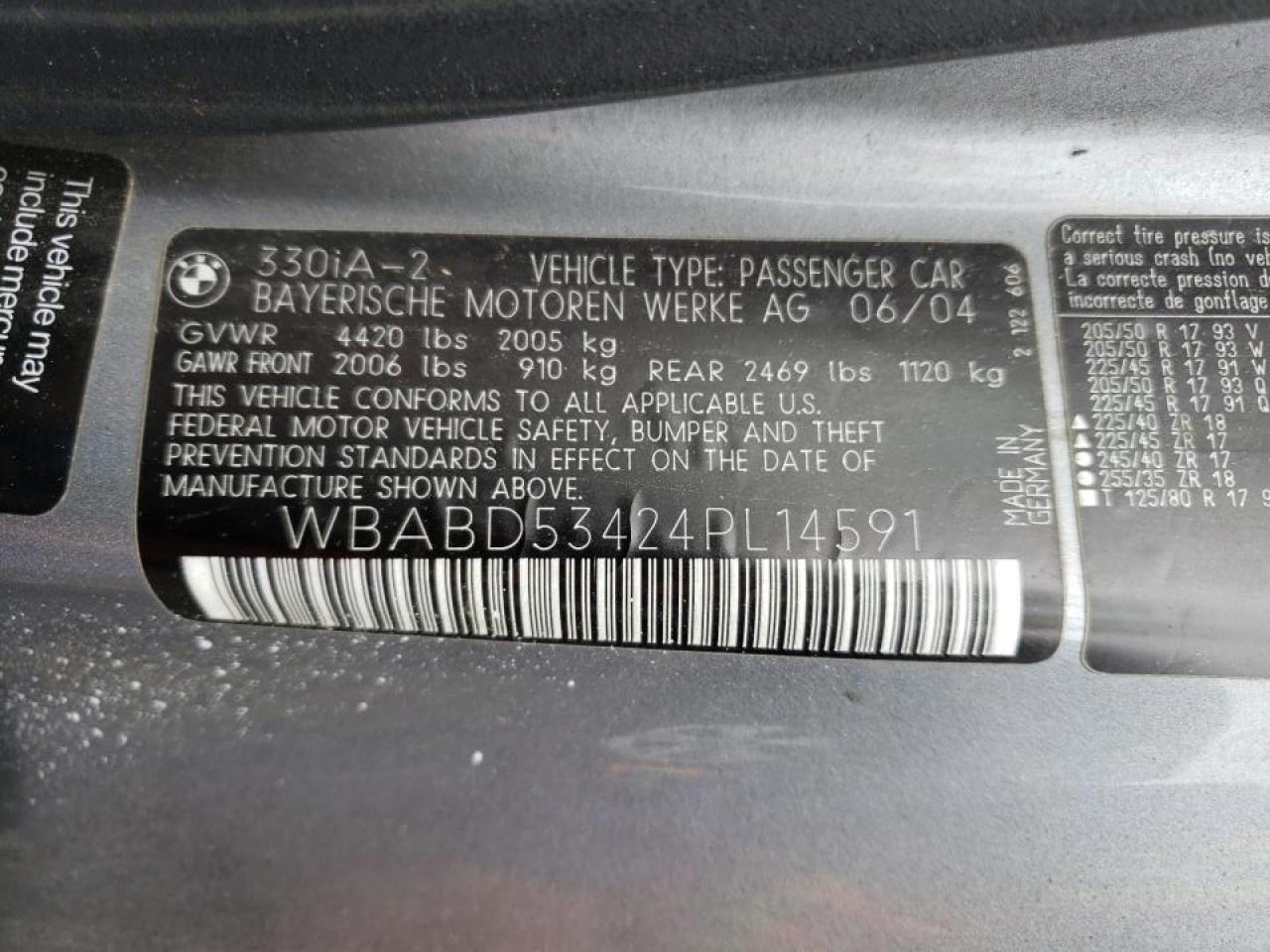 Photo 10 from auction – 2004 BMW 330 CI with VIN WBABD53424PL14591