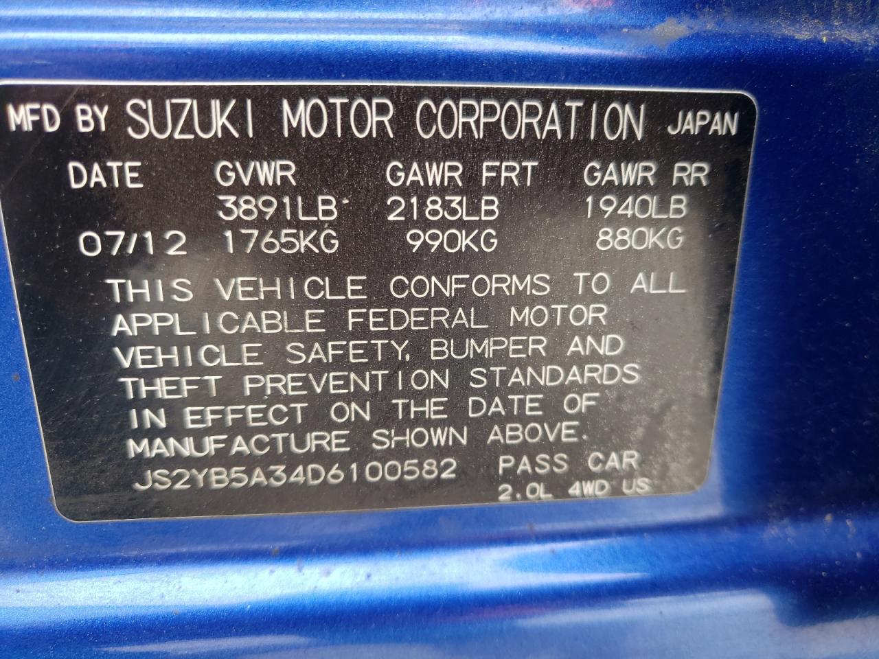 Photo 10 from auction – 2013 SUZUKI SX4 with VIN JS2YB5A34D6100582