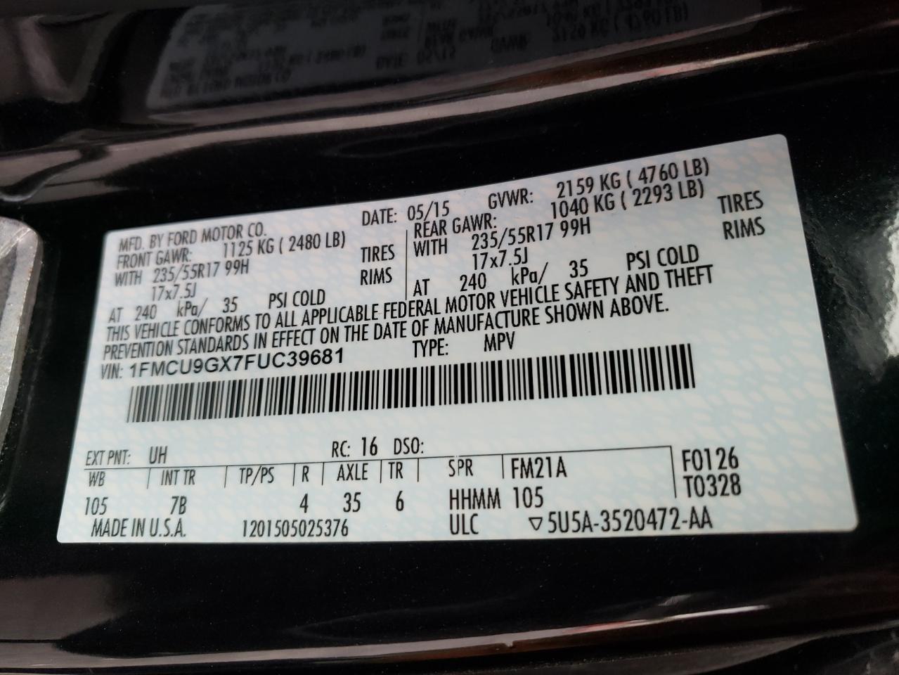 Photo 10 from auction – 2015 FORD ESCAPE SE with VIN 1FMCU9GX7FUC39681