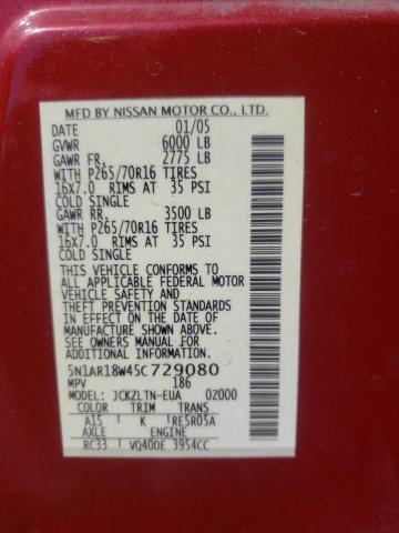 Photo 10 from auction – 2005 NISSAN PATHFINDER with VIN 5N1AR18W45C729080