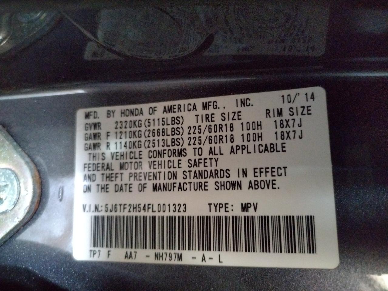 Photo 10 from auction – 2015 HONDA CROSSTOUR with VIN 5J6TF2H54FL001323