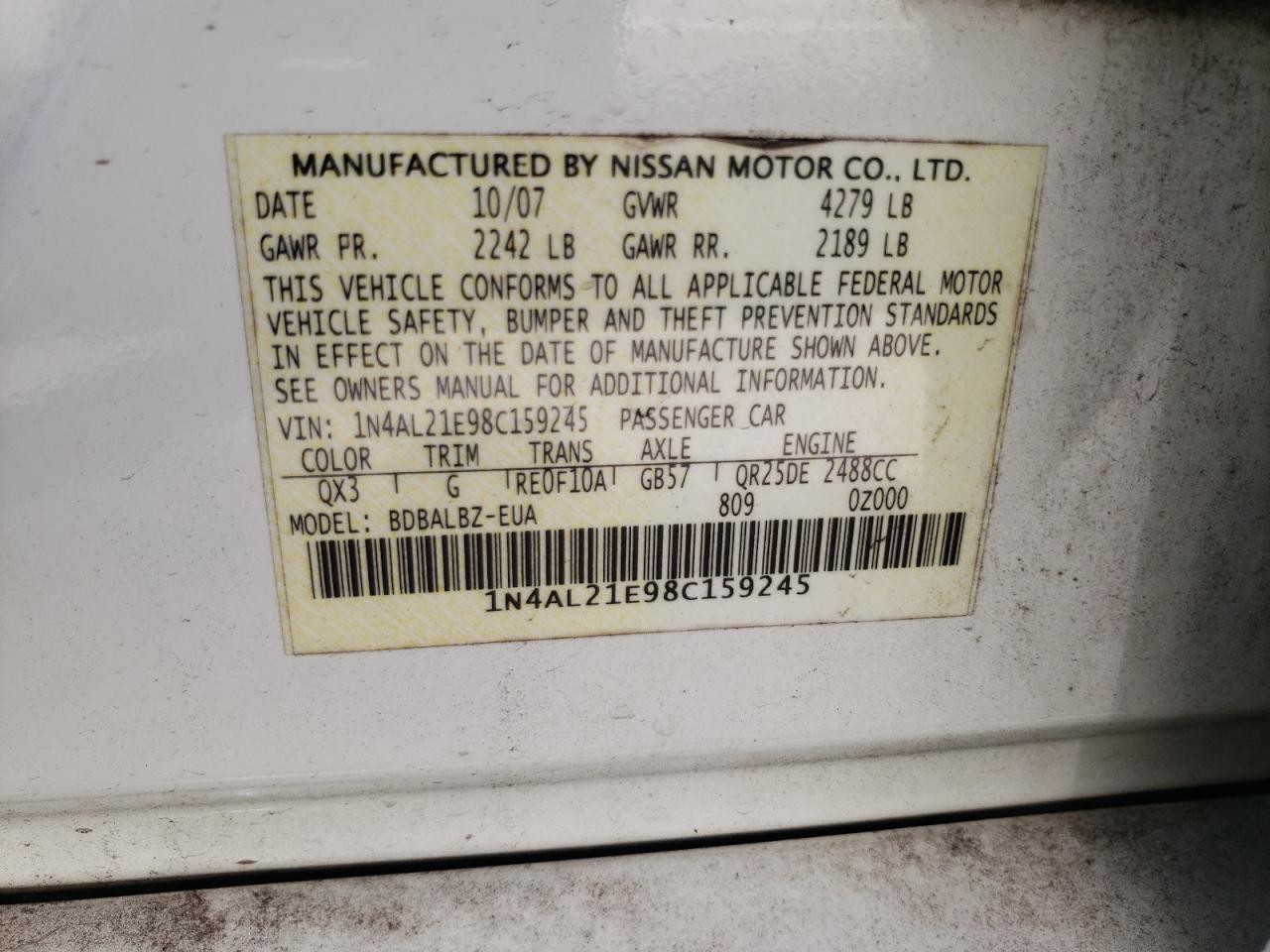 Photo 10 from auction – 2008 NISSAN ALTIMA 2.5 with VIN 1N4AL21E98C159245