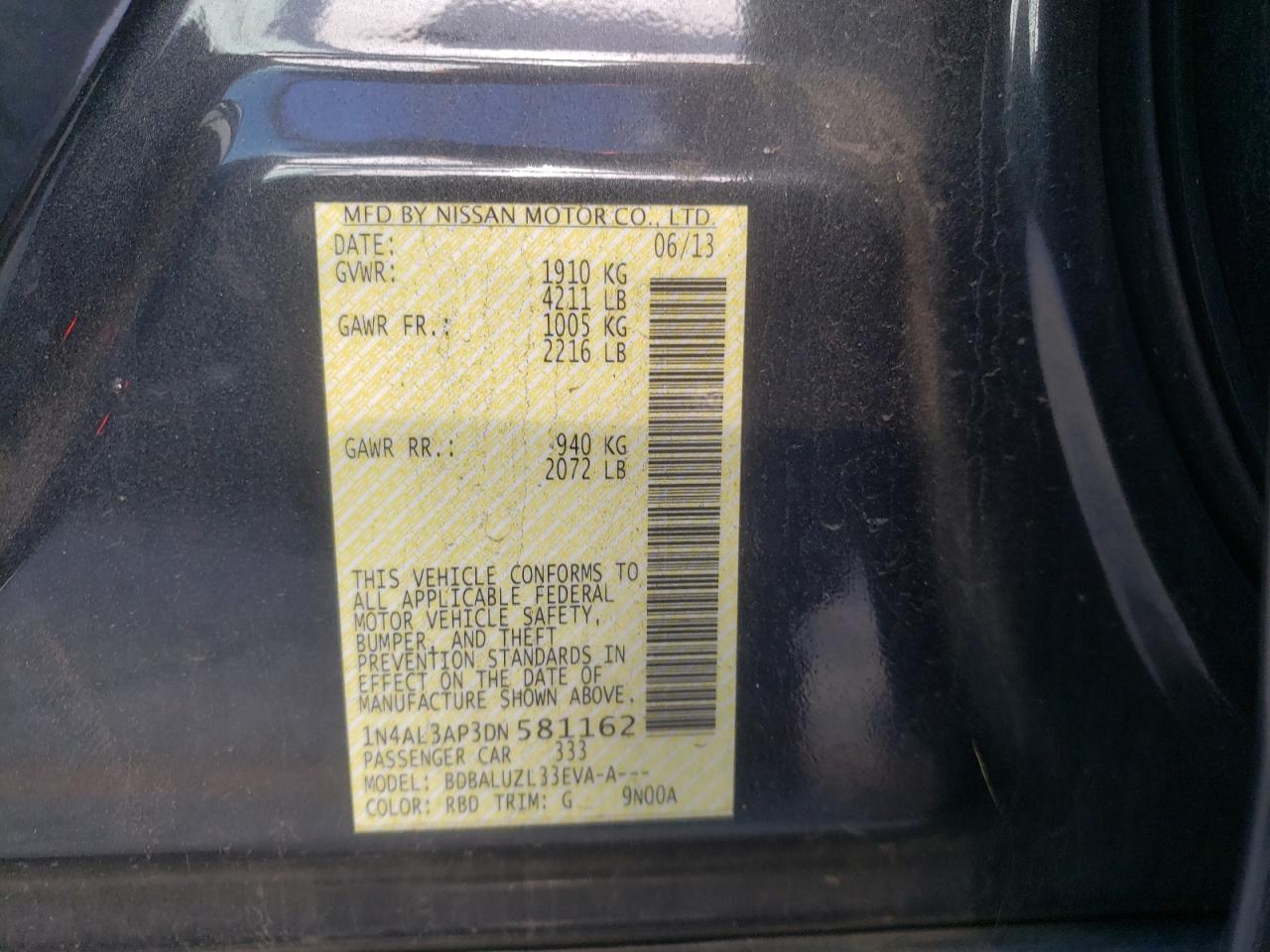 Photo 11 from auction – 2013 NISSAN ALTIMA 2.5 with VIN 1N4AL3AP3DN581162