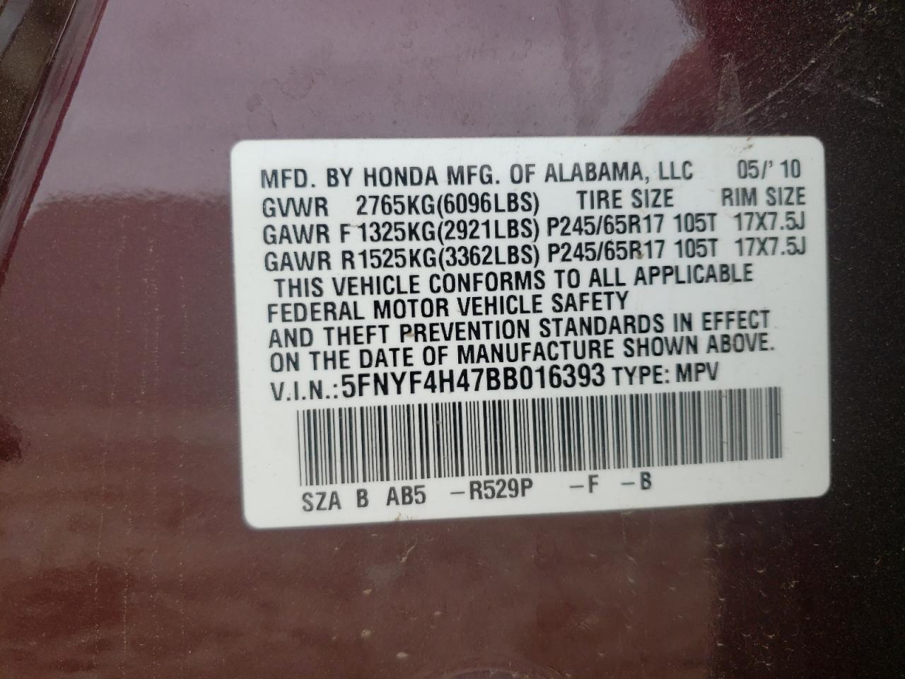 Photo 10 from auction – 2011 HONDA PILOT EX with VIN 5FNYF4H47BB016393