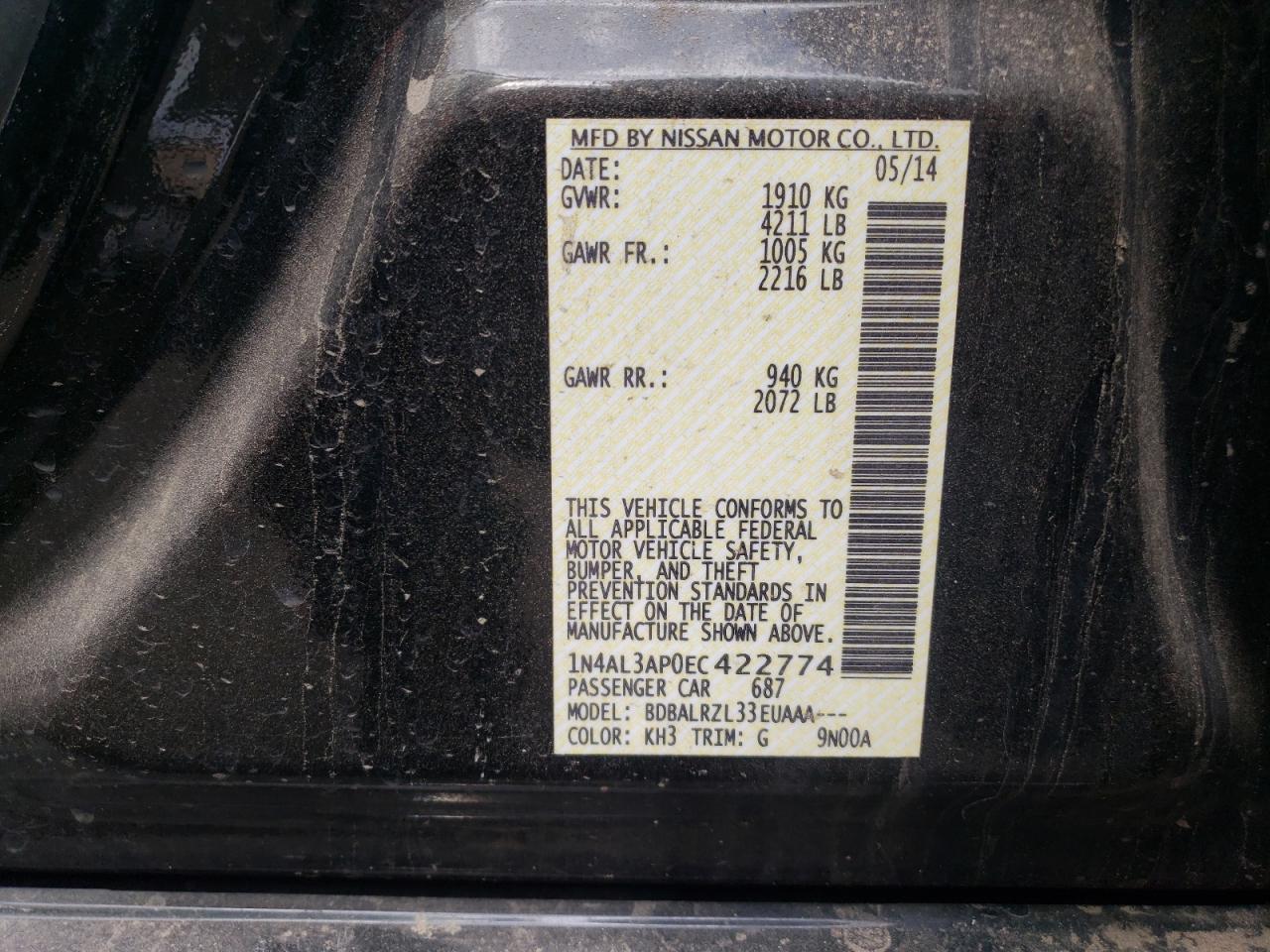 Photo 10 from auction – 2014 NISSAN ALTIMA 2.5 with VIN 1N4AL3AP0EC422774