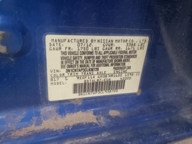 Photo 10 from auction – 2012 NISSAN VERSA S with VIN 3N1CN7AP3CL938720