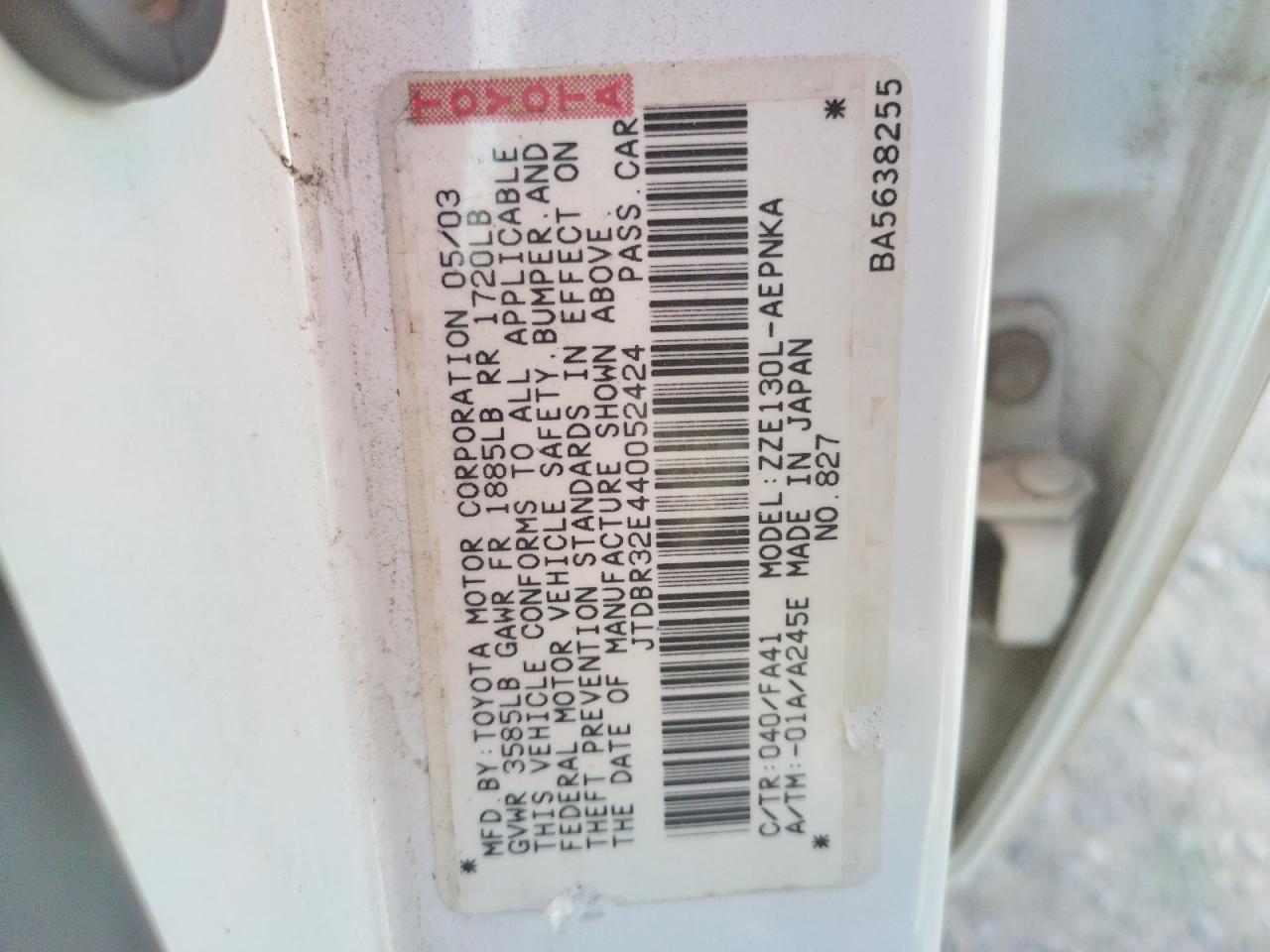 Photo 10 from auction – 2004 TOYOTA COROLLA CE with VIN JTDBR32E440052424