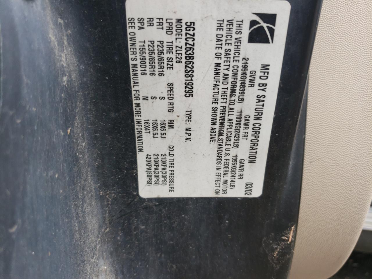 Photo 10 from auction – 2002 SATURN VUE with VIN 5GZCZ63B62S819295