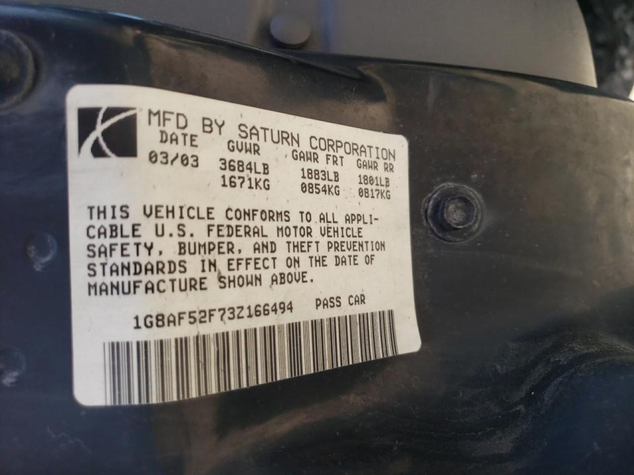 Photo 10 from auction – 2003 SATURN ION LEVEL with VIN 1G8AF52F73Z166494