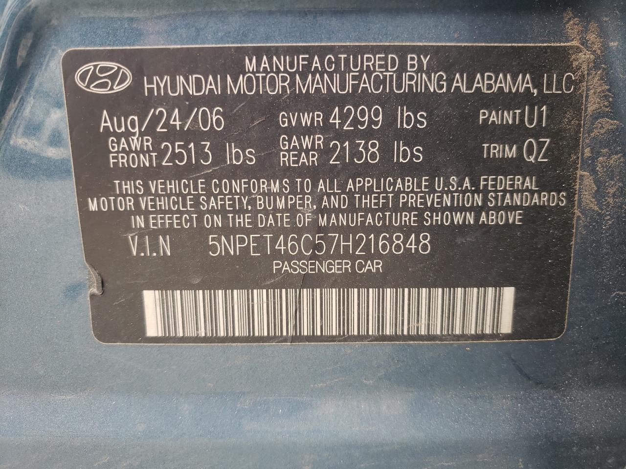 Photo 10 from auction – 2007 HYUNDAI SONATA GLS with VIN 5NPET46C57H216848