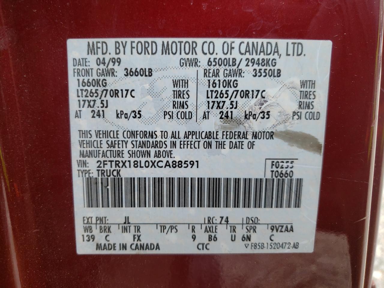 Photo 10 from auction – 1999 FORD F150 with VIN 2FTRX18L0XCA88591