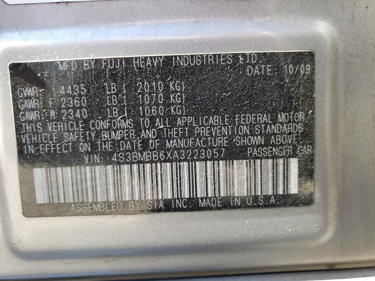 Photo 10 from auction – 2010 SUBARU LEGACY 2.5 with VIN 4S3BMBB6XA3223057