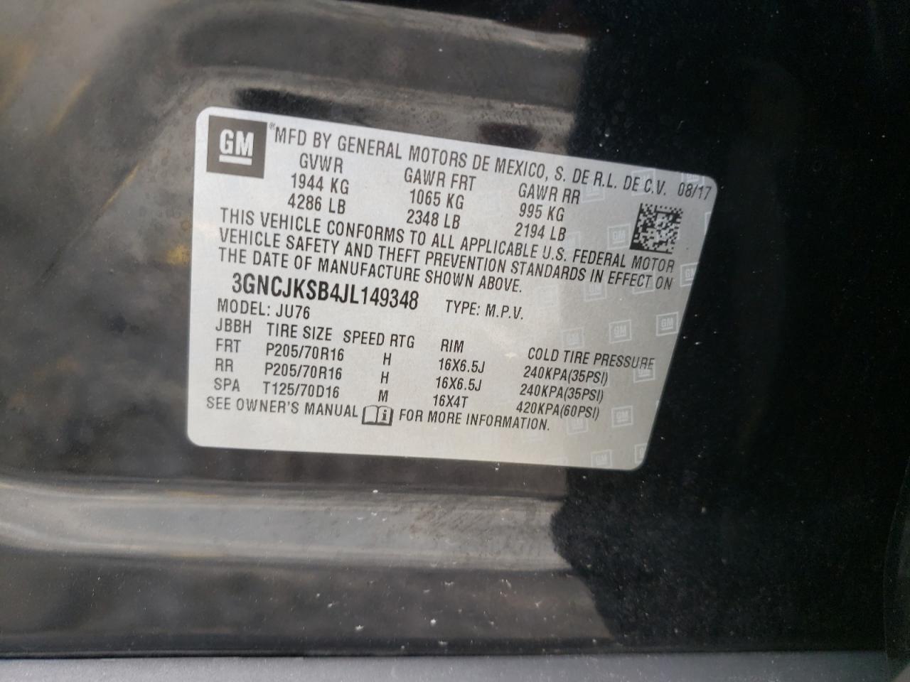 Photo 10 from auction – 2018 CHEVROLET TRAX LS with VIN 3GNCJKSB4JL149348