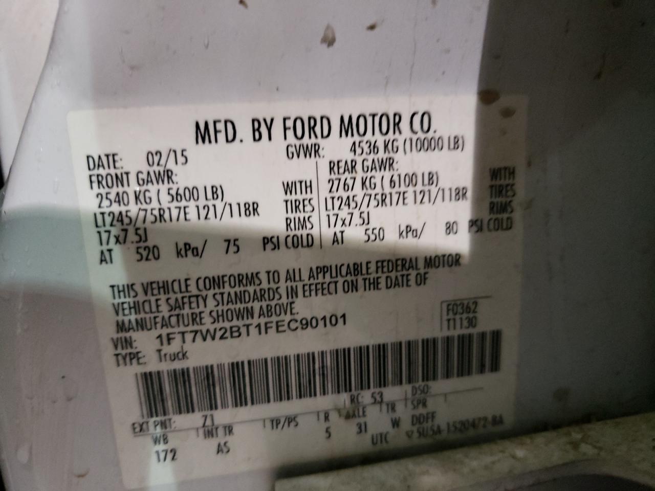Photo 10 from auction – 2015 FORD F250 SUPER with VIN 1FT7W2BT1FEC90101