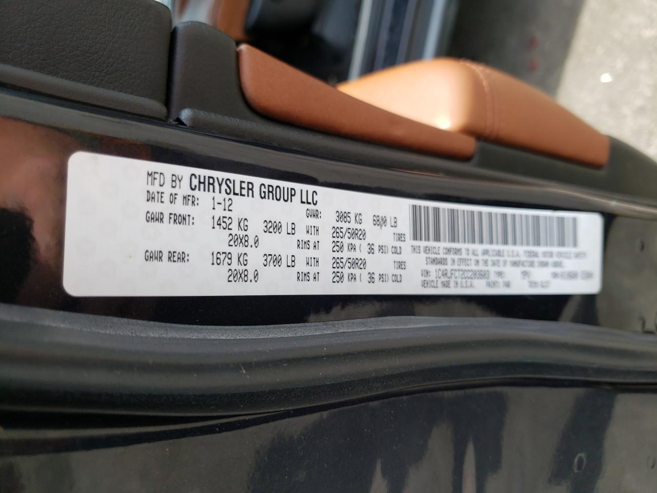 Photo 10 from auction – 2012 JEEP GRAND CHER with VIN 1C4RJFCT2CC203603