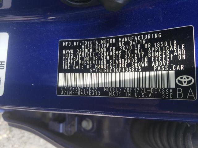 Photo 10 from auction – 2016 TOYOTA COROLLA L with VIN 5YFBURHE1GP495875
