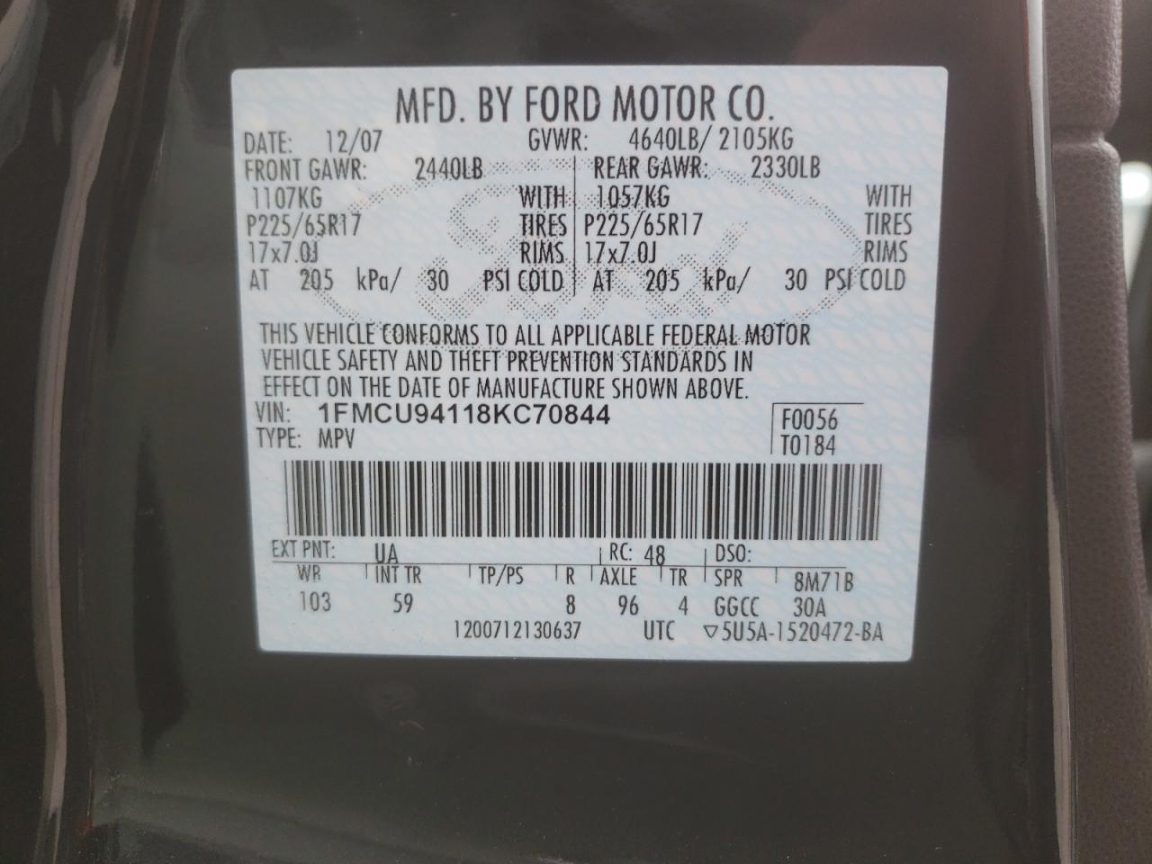 Photo 10 from auction – 2008 FORD ESCAPE LIM with VIN 1FMCU94118KC70844