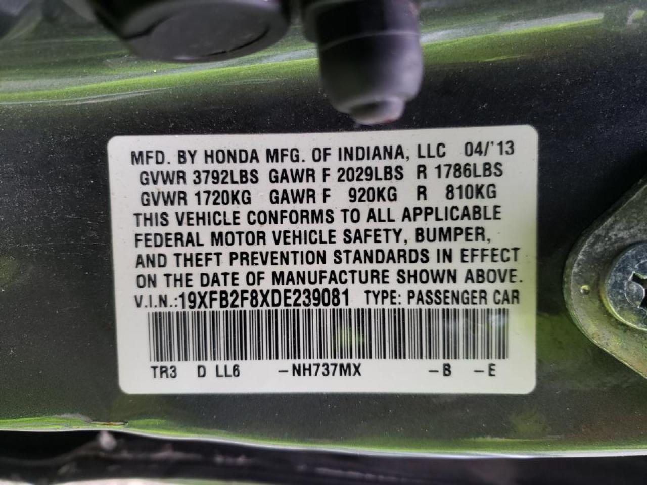 Photo 10 from auction – 2013 HONDA CIVIC EX with VIN 19XFB2F8XDE239081