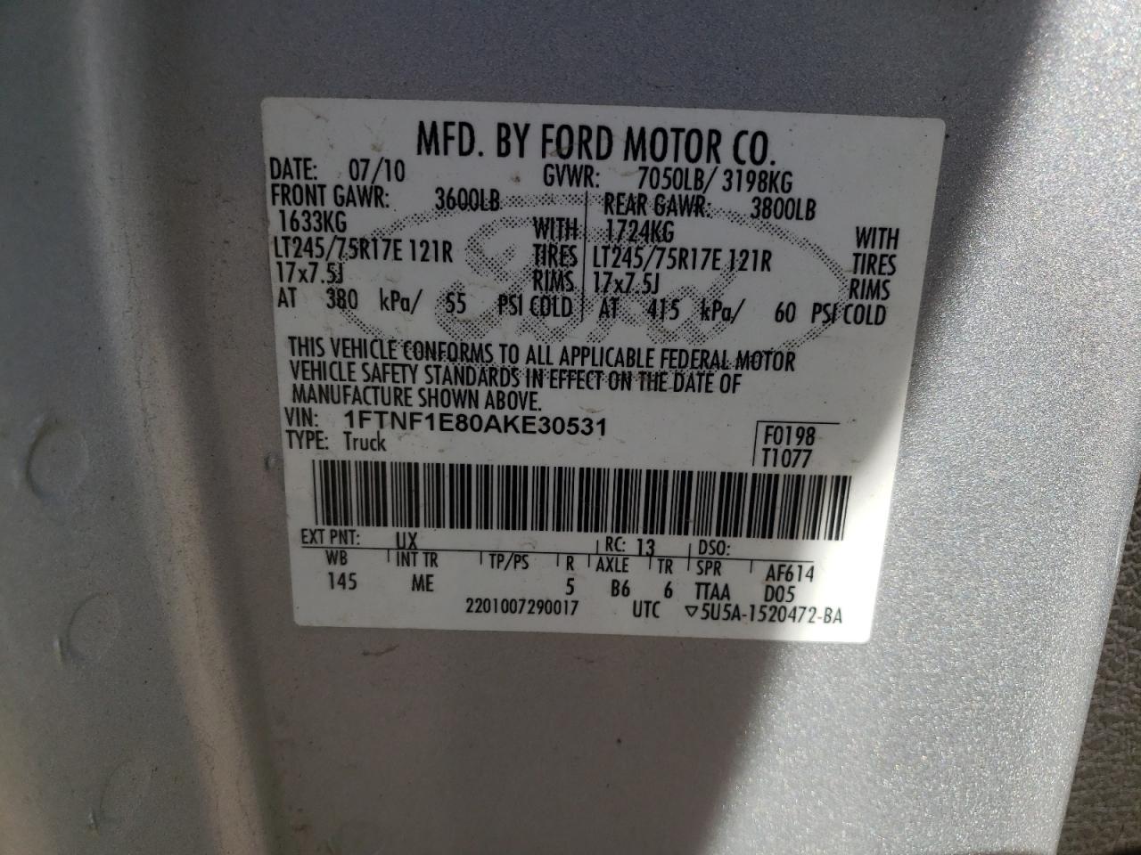 Photo 11 from auction – 2010 FORD F150 with VIN 1FTNF1E80AKE30531