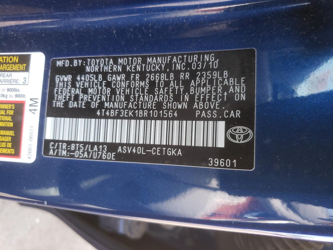 Photo 10 from auction – 2011 TOYOTA CAMRY BASE with VIN 4T4BF3EK1BR101564