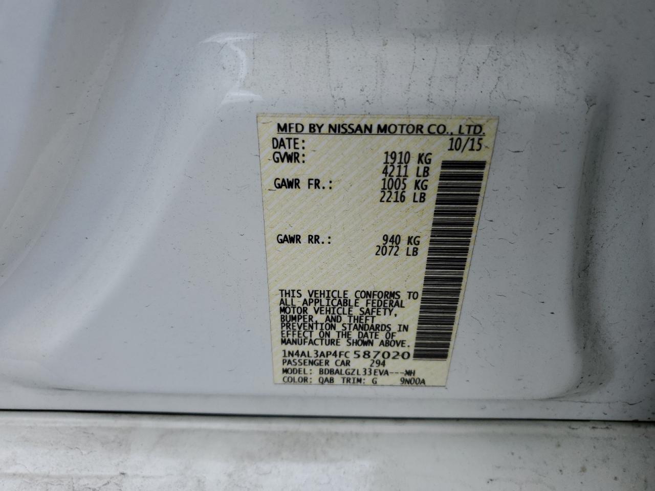 Photo 10 from auction – 2015 NISSAN ALTIMA 2.5 with VIN 1N4AL3AP4FC587020
