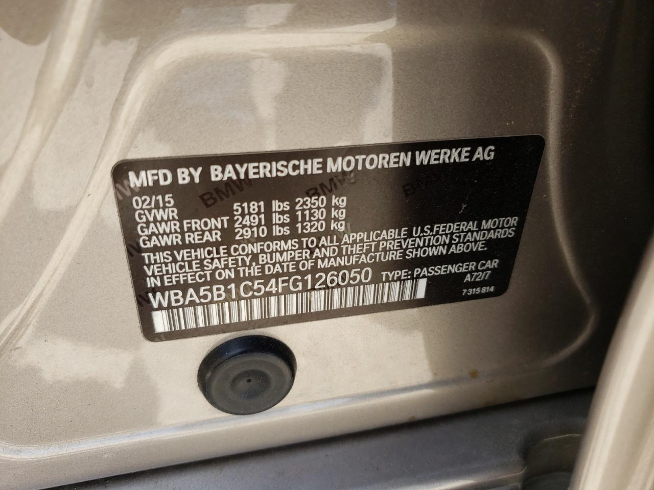 Photo 10 from auction – 2015 BMW 535 I with VIN WBA5B1C54FG126050