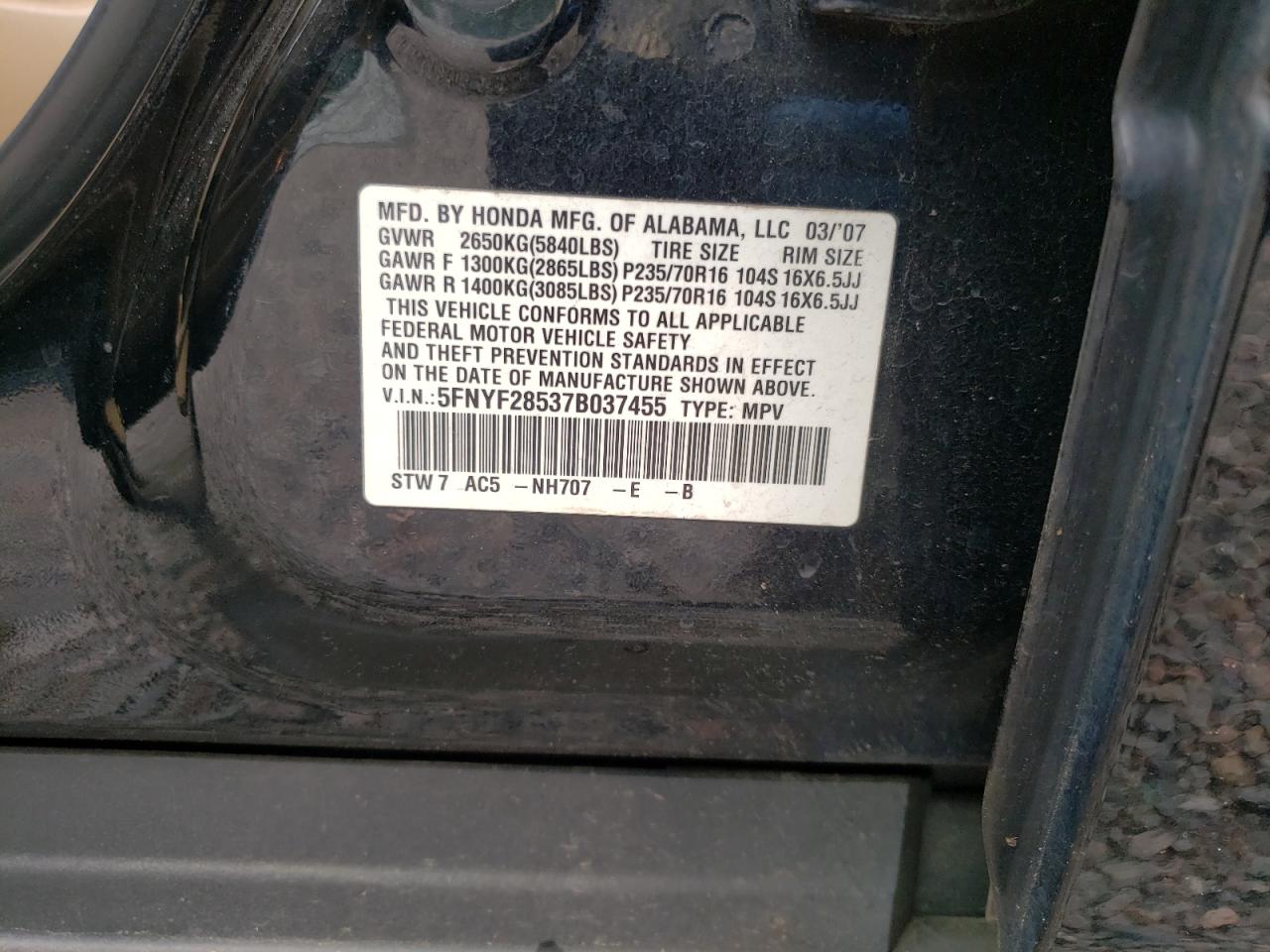 Photo 19 from auction – 2007 HONDA PILOT EXL with VIN 5FNYF28537B037455