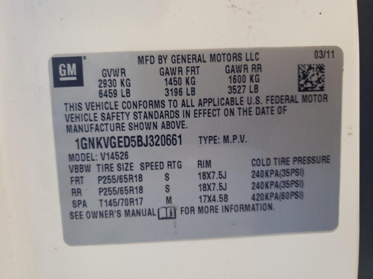 Photo 10 from auction – 2011 CHEVROLET TRAVERSE L with VIN 1GNKVGED5BJ320661