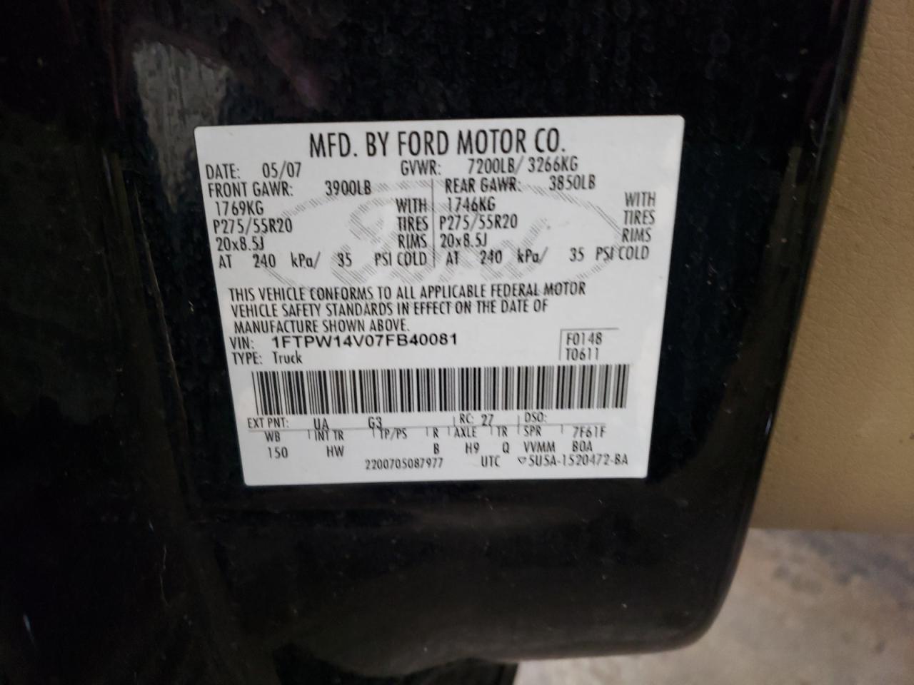 Photo 10 from auction – 2007 FORD F150 SUPER with VIN 1FTPW14V07FB40081