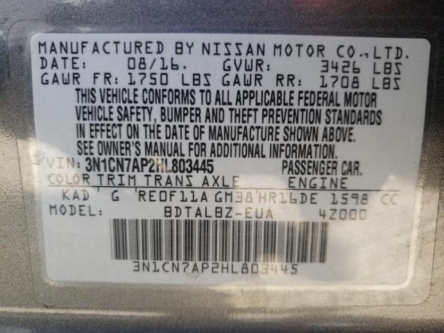 Photo 10 from auction – 2017 NISSAN VERSA S with VIN 3N1CN7AP2HL803445