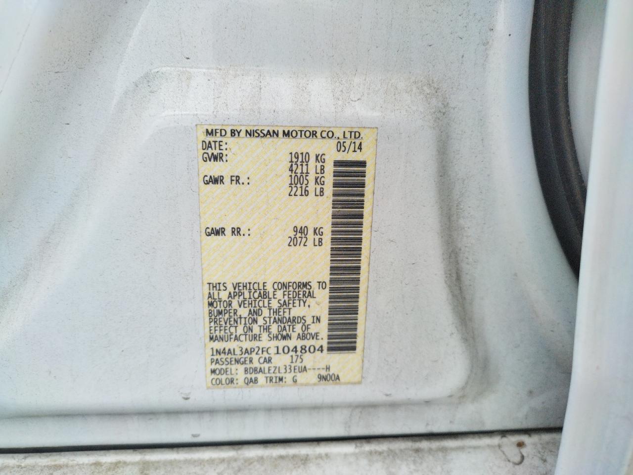 Photo 10 from auction – 2015 NISSAN ALTIMA 2.5 with VIN 1N4AL3AP2FC104804