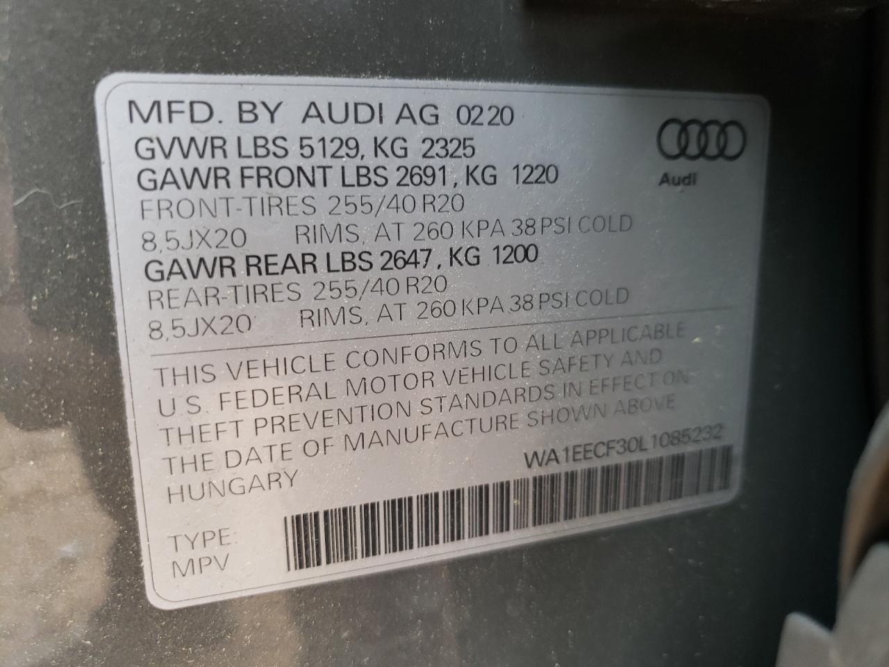 Photo 10 from auction – 2020 AUDI Q3 PREMIUM with VIN WA1EECF30L1085232