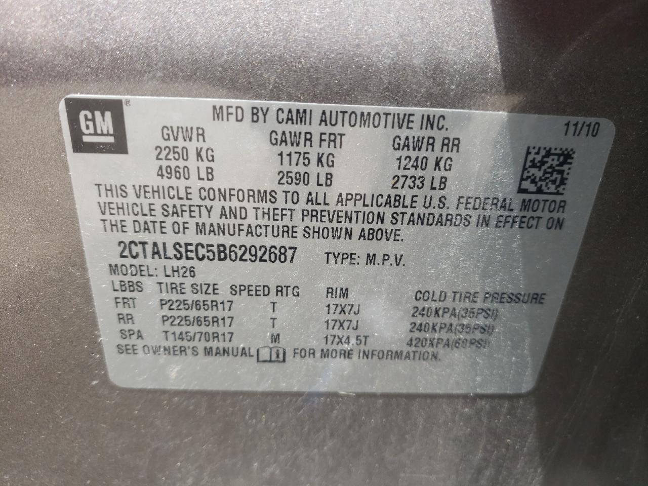Photo 10 from auction – 2011 GMC TERRAIN SL with VIN 2CTALSEC5B6292687