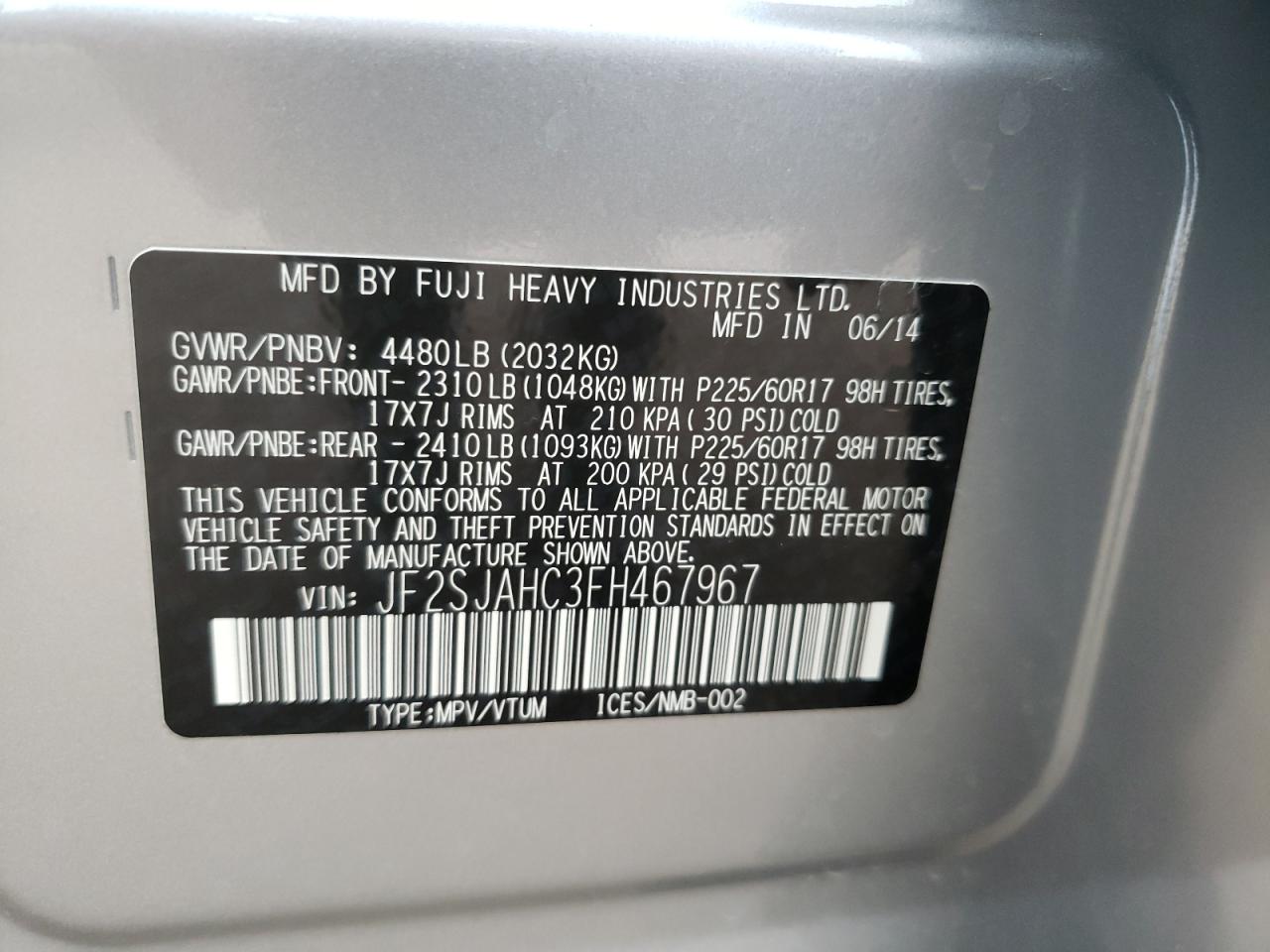 Photo 10 from auction – 2015 SUBARU FORESTER 2 with VIN JF2SJAHC3FH467967