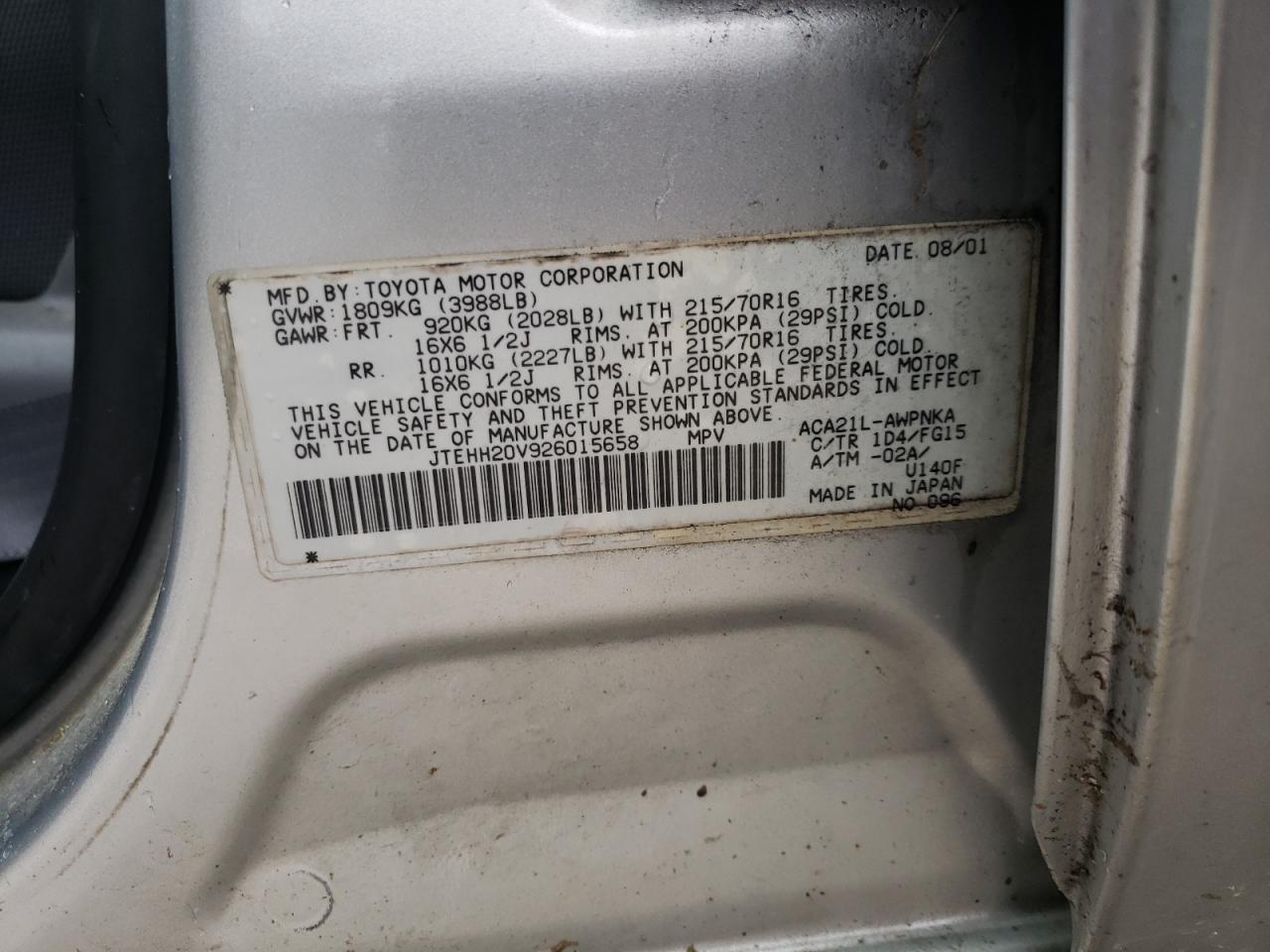Photo 11 from auction – 2002 TOYOTA RAV4 with VIN JTEHH20V926015658