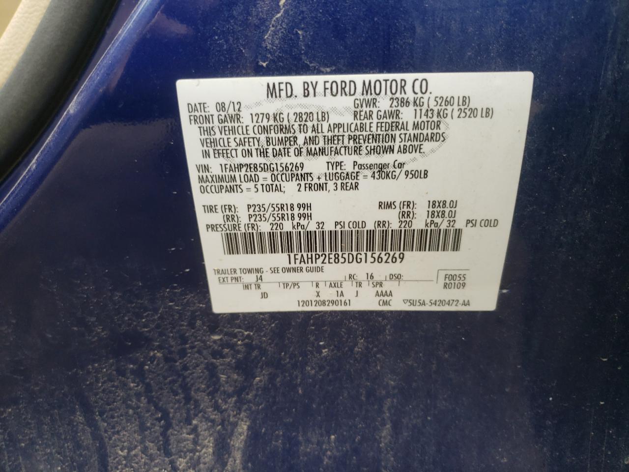 Фото 10 с аукциона – 2013 FORD TAURUS SEL с VIN 1FAHP2E85DG156269