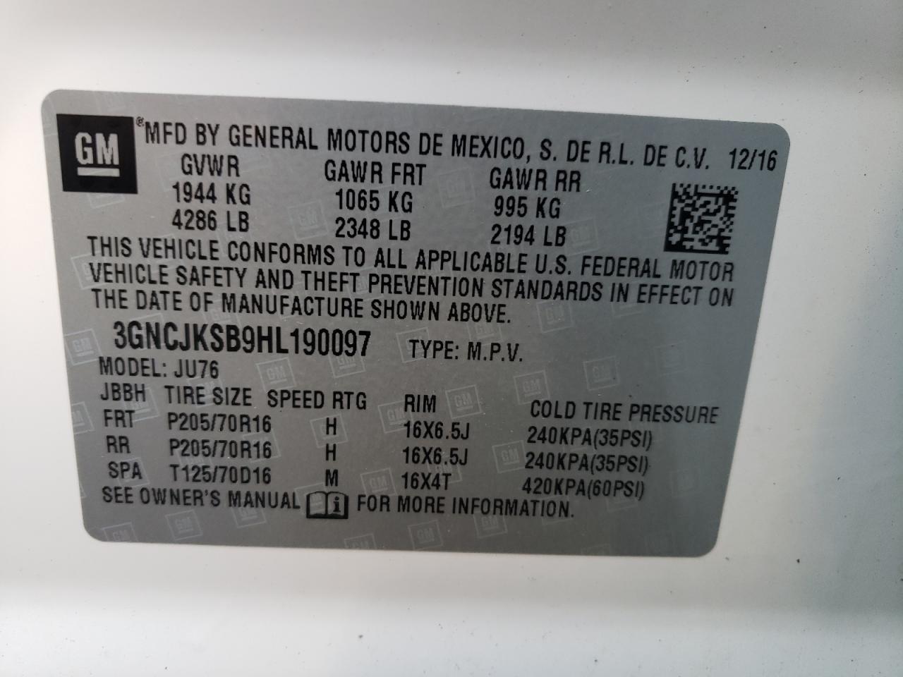 Photo 10 from auction – 2017 CHEVROLET TRAX LS with VIN 3GNCJKSB9HL190097