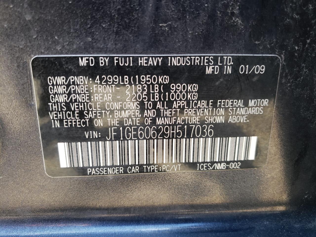 Photo 10 from auction – 2009 SUBARU IMPREZA 2. with VIN JF1GE60629H517036