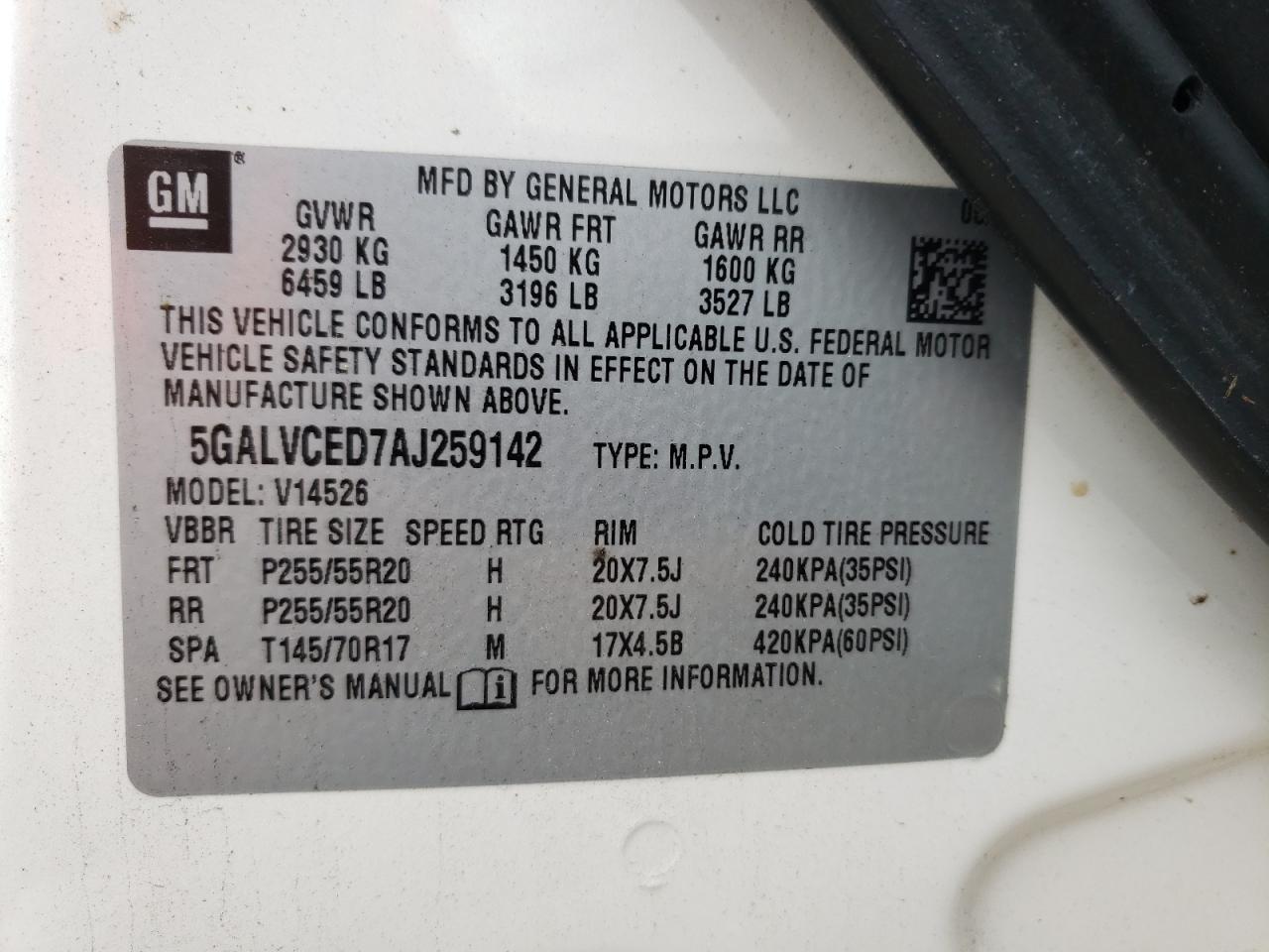 Photo 10 from auction – 2010 BUICK ENCLAVE CX with VIN 5GALVCED7AJ259142