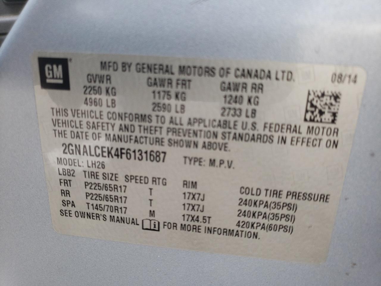Photo 20 from auction – 2015 CHEVROLET EQUINOX LT with VIN 2GNALCEK4F6131687