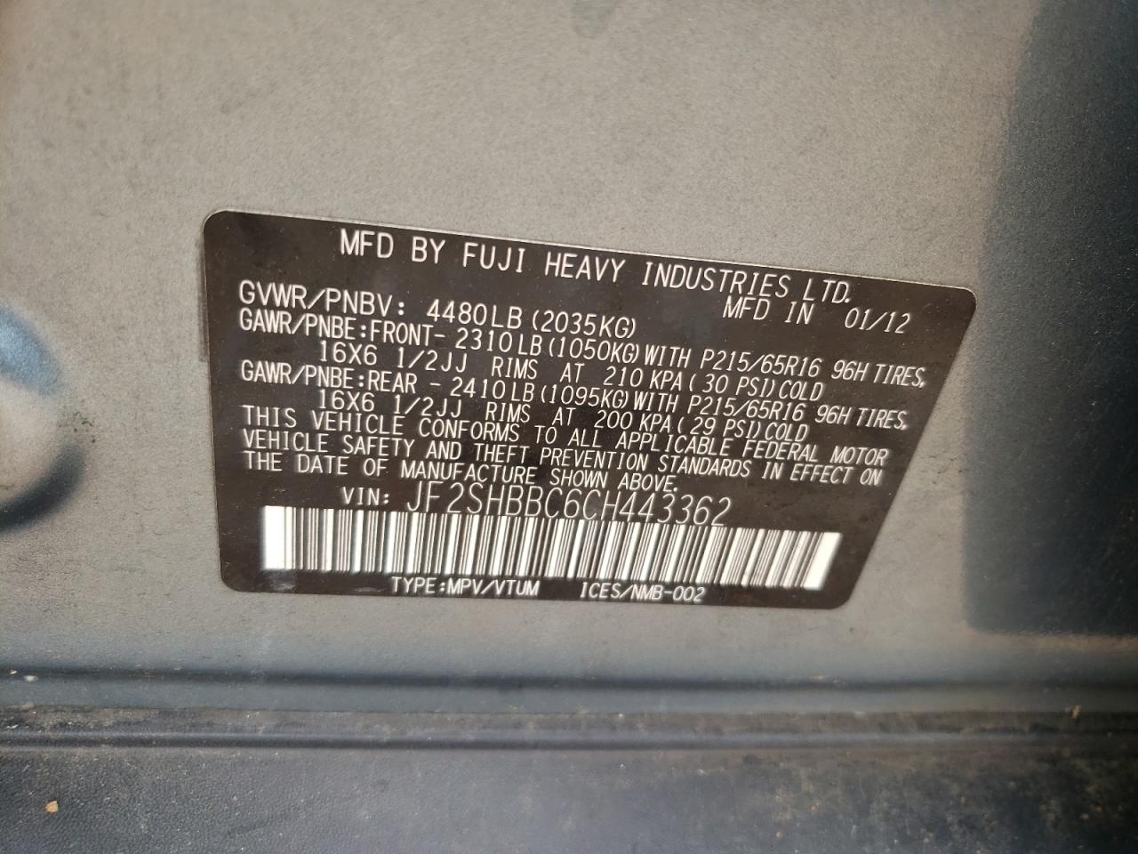 Photo 10 from auction – 2012 SUBARU FORESTER 2 with VIN JF2SHBBC6CH443362
