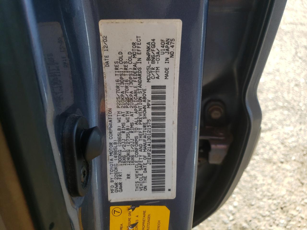 Photo 10 from auction – 2003 TOYOTA HIGHLANDER with VIN JTEHF21A130121575