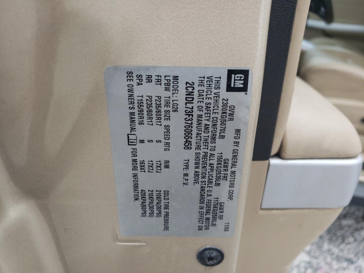 Photo 10 from auction – 2007 CHEVROLET EQUINOX LT with VIN 2CNDL73F376066458