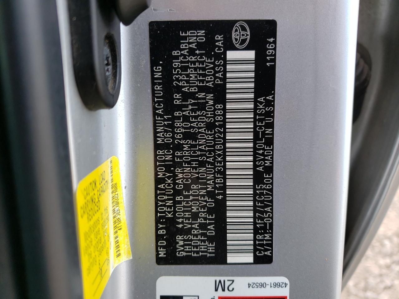 Photo 10 from auction – 2011 TOYOTA CAMRY BASE with VIN 4T1BF3EKXBU221888