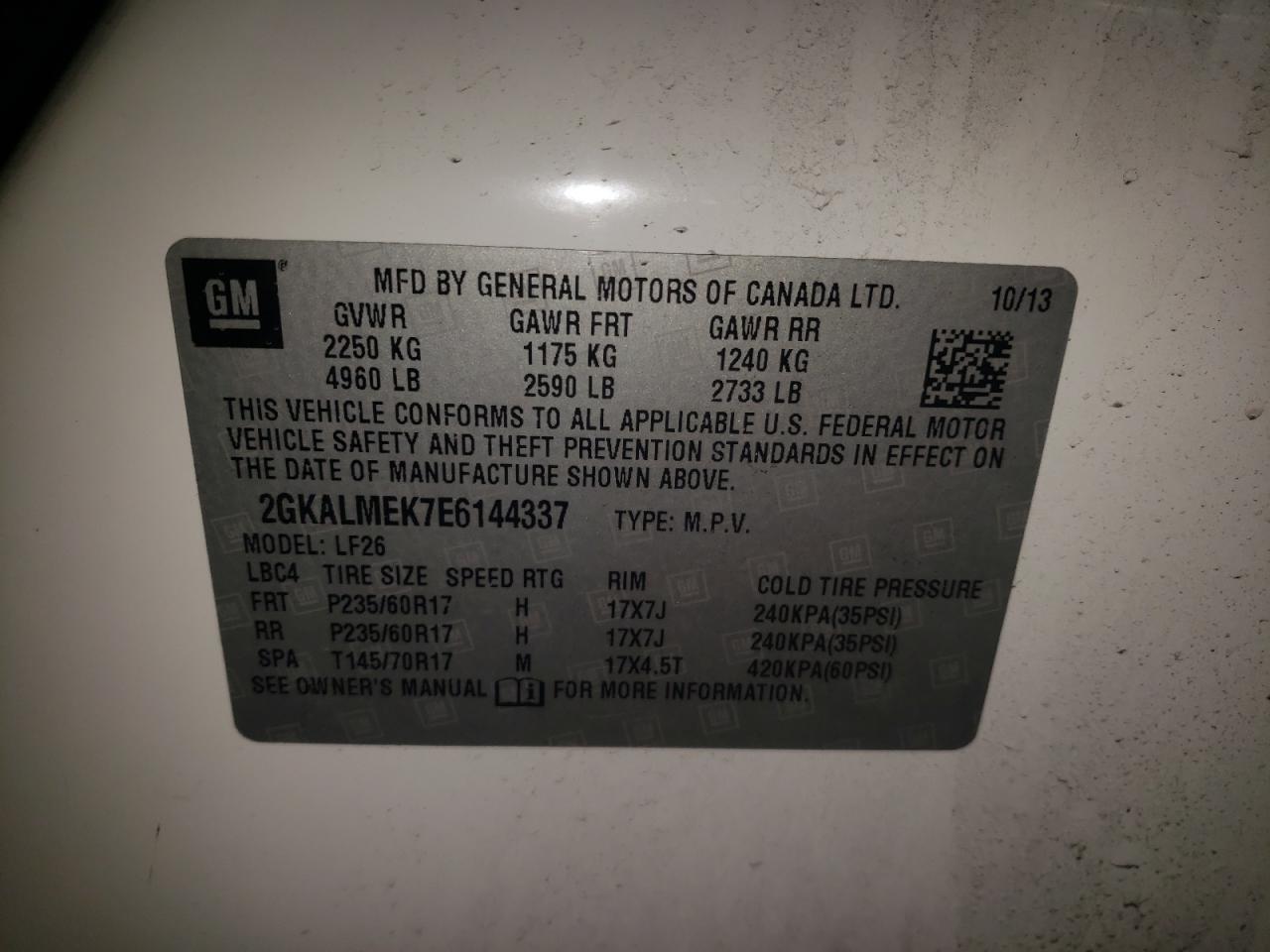 Photo 11 from auction – 2014 GMC TERRAIN SL with VIN 2GKALMEK7E6144337