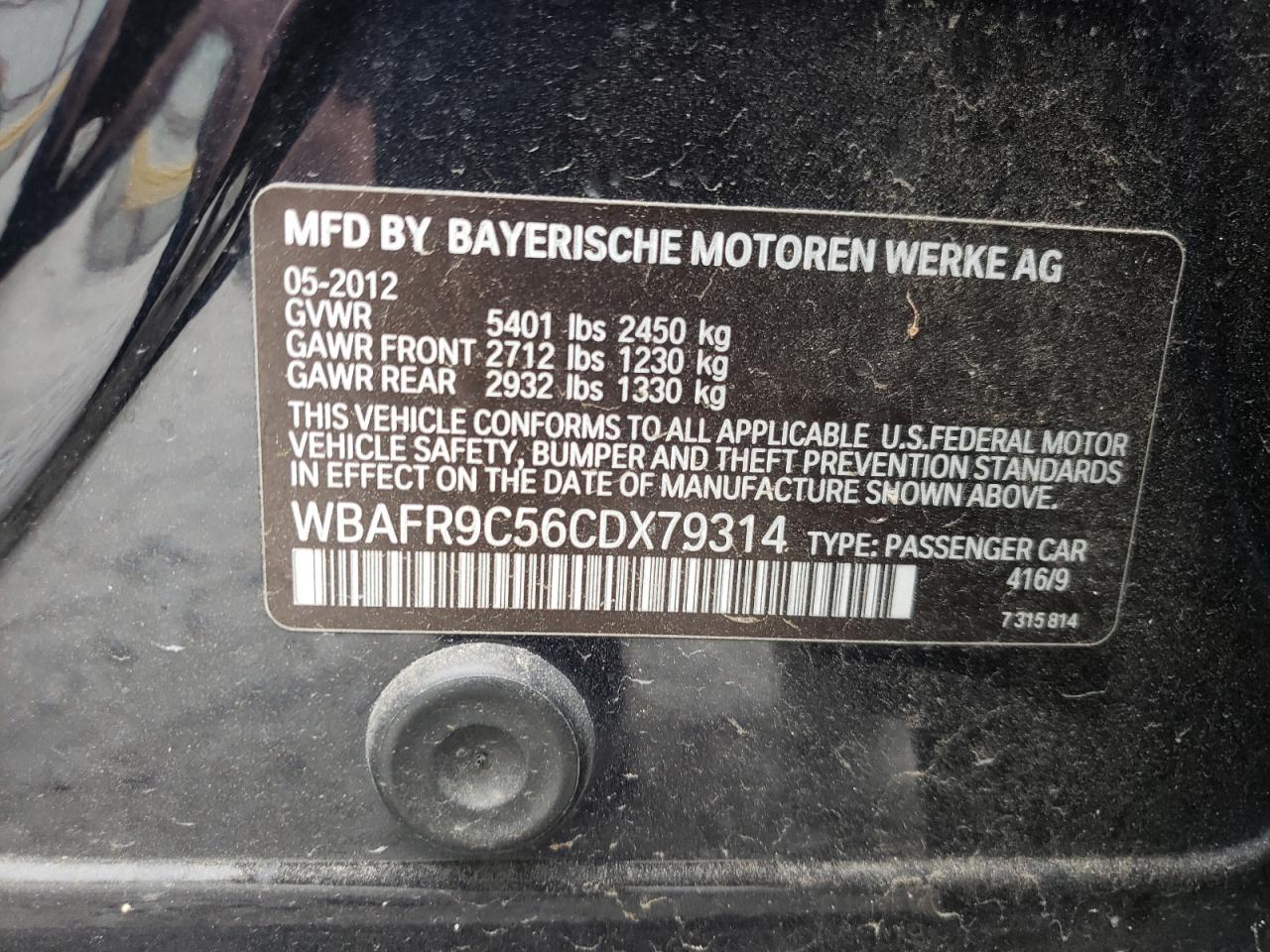 Photo 10 from auction – 2012 BMW 550 I with VIN WBAFR9C56CDX79314