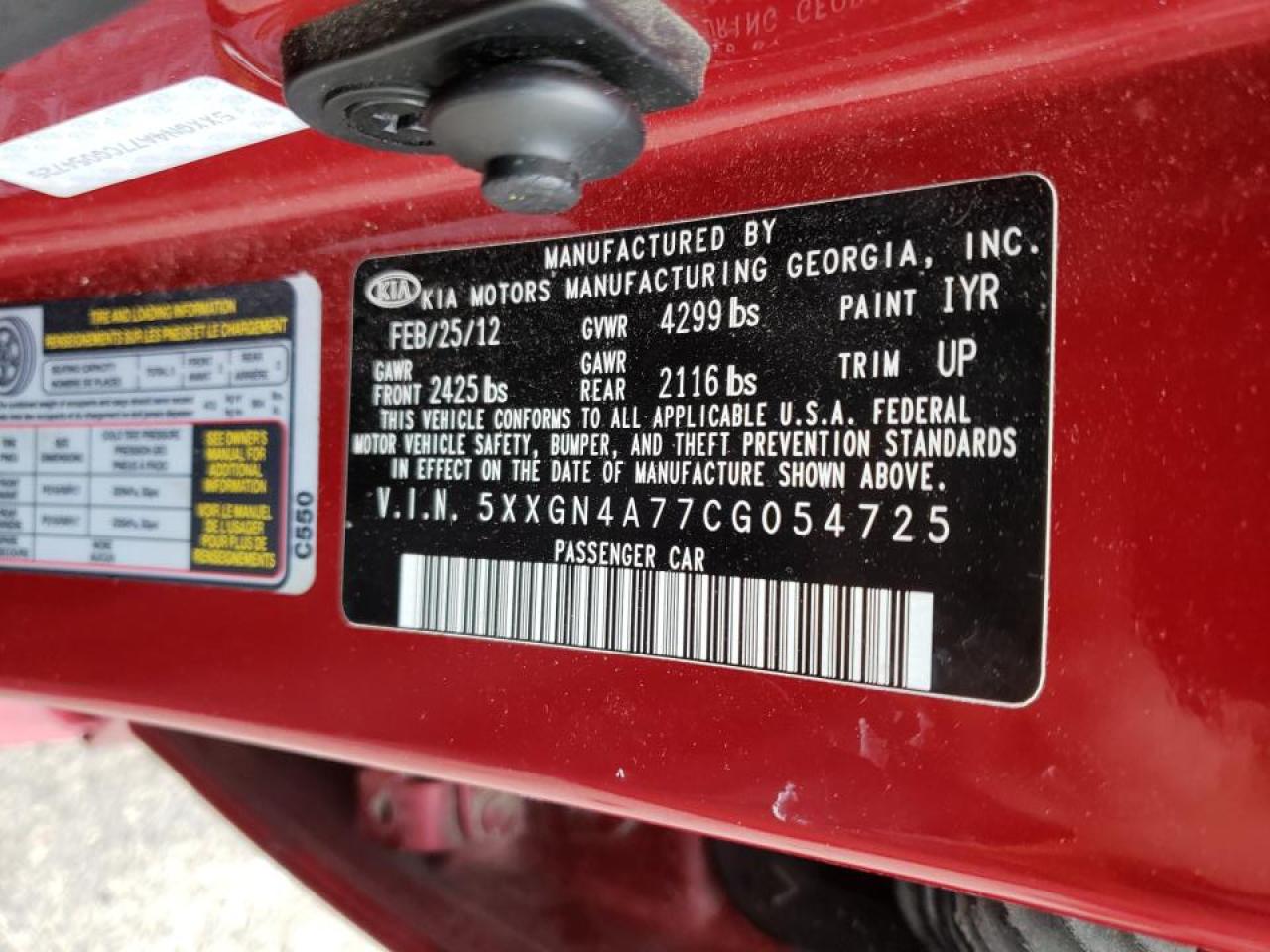 Photo 10 from auction – 2012 KIA OPTIMA EX with VIN 5XXGN4A77CG054725