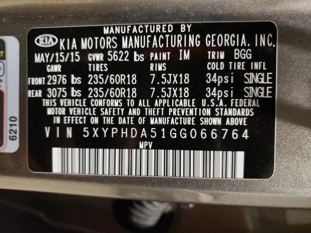 Photo 10 from auction – 2016 KIA SORENTO EX with VIN 5XYPHDA51GG066764